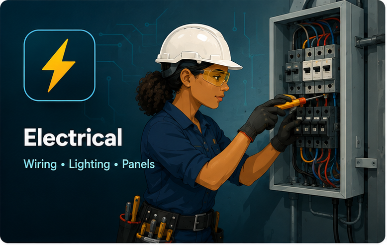 Illustrated electrician working on an electrical panel