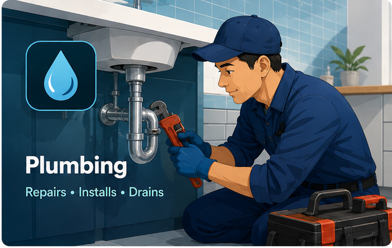 Illustrated plumber working on pipes