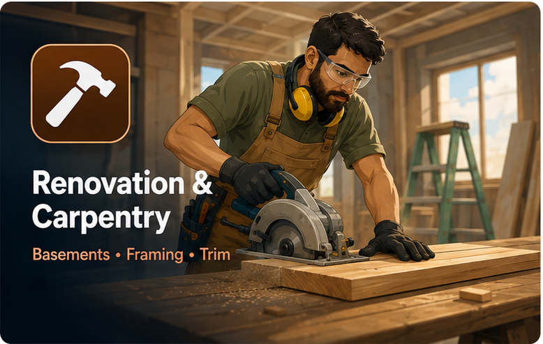 Illustrated carpenter working on a renovation project